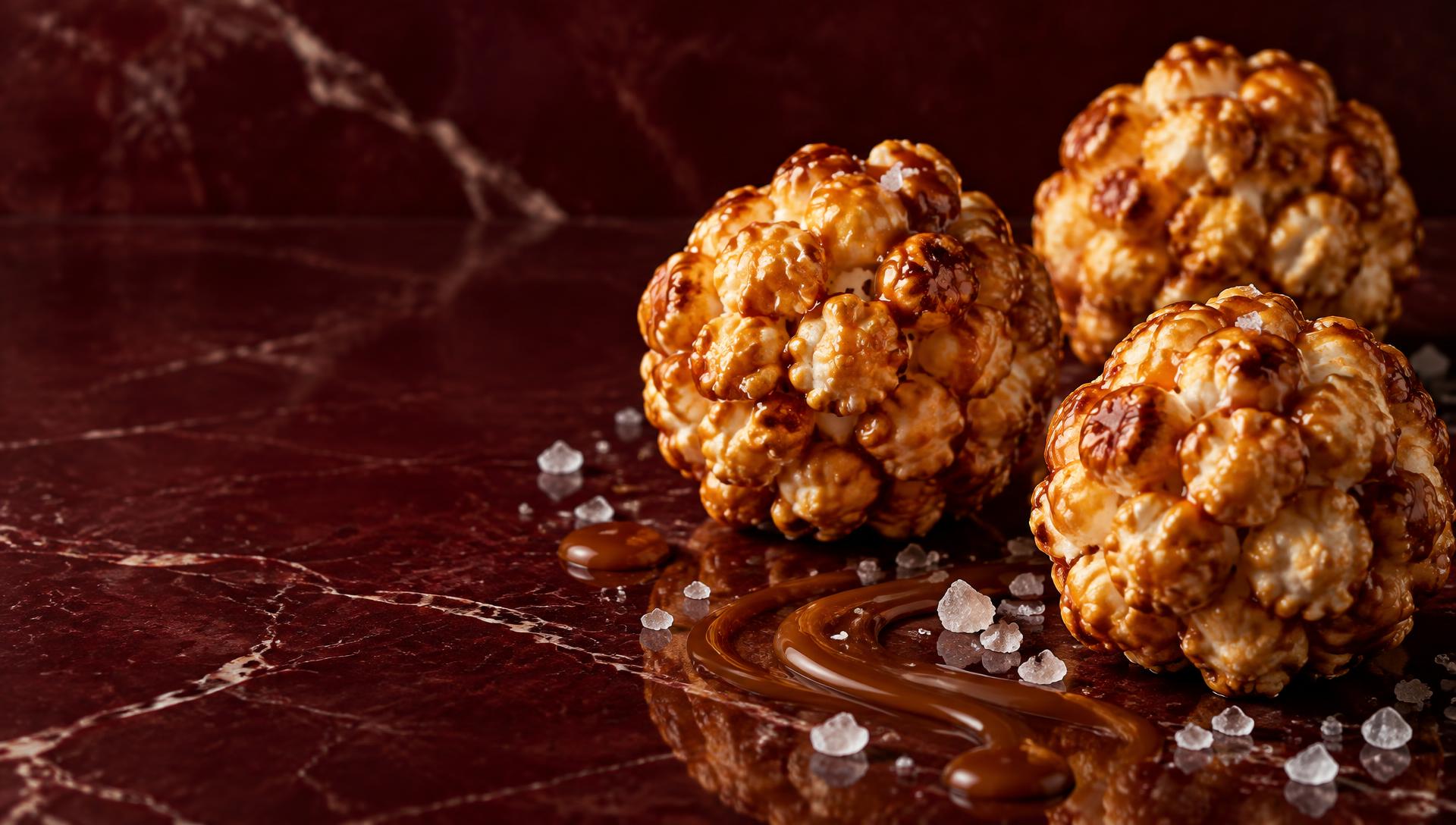Caramel-coated mushroom popcorn on a burgundy marble surface